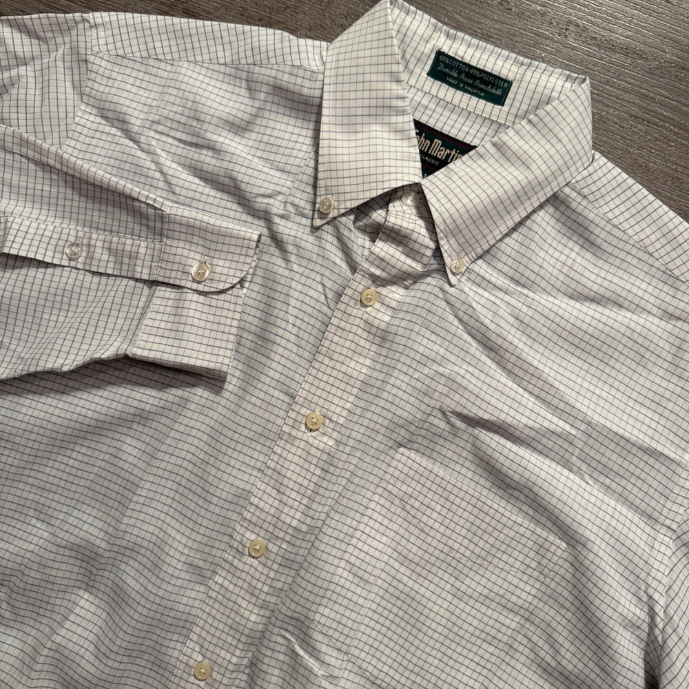 Vintage John Martin Shirt Mens 16 34 White Blue Grid Cotton Blend Old Money